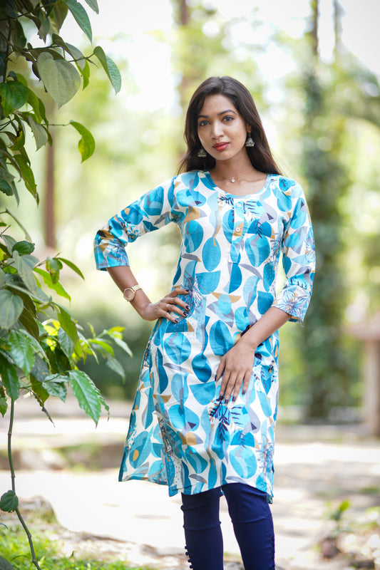 light-blue and white leaf print kurti