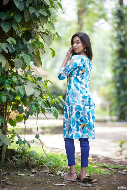 light-blue and white leaf print kurti