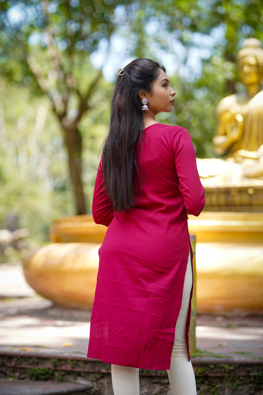 Elegant Red Kurti with Side Floral Embroidery – Timeless Ethnic Style