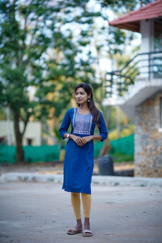 Dark Blue Embroidered Kurti – Everyday Grace
