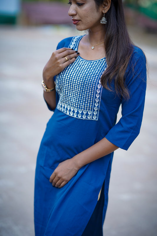 Dark Blue Embroidered Kurti – Everyday Grace