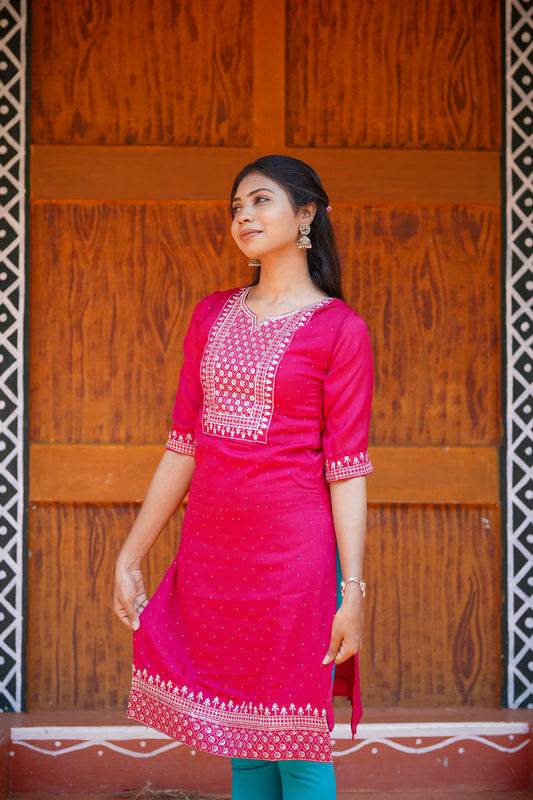 Graceful Red Kurti with Silver Jari Work – Elegant Festive Wear