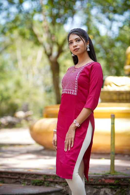 Elegant Red Kurti with Side Floral Embroidery – Timeless Ethnic Style