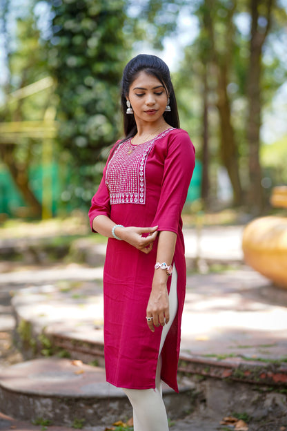 Elegant Red Kurti with Side Floral Embroidery – Timeless Ethnic Style