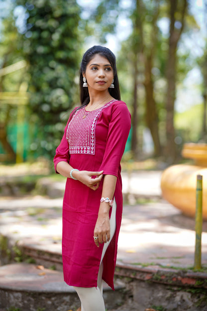 Elegant Red Kurti with Side Floral Embroidery – Timeless Ethnic Style