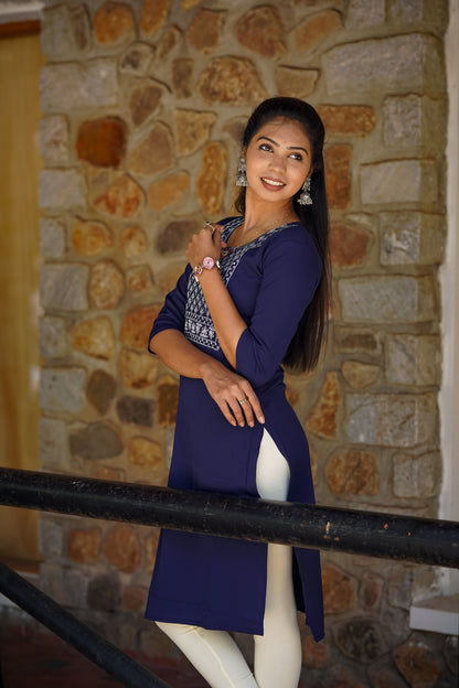 Indigo Floral Embroidered Kurti – Classic Everyday Elegance