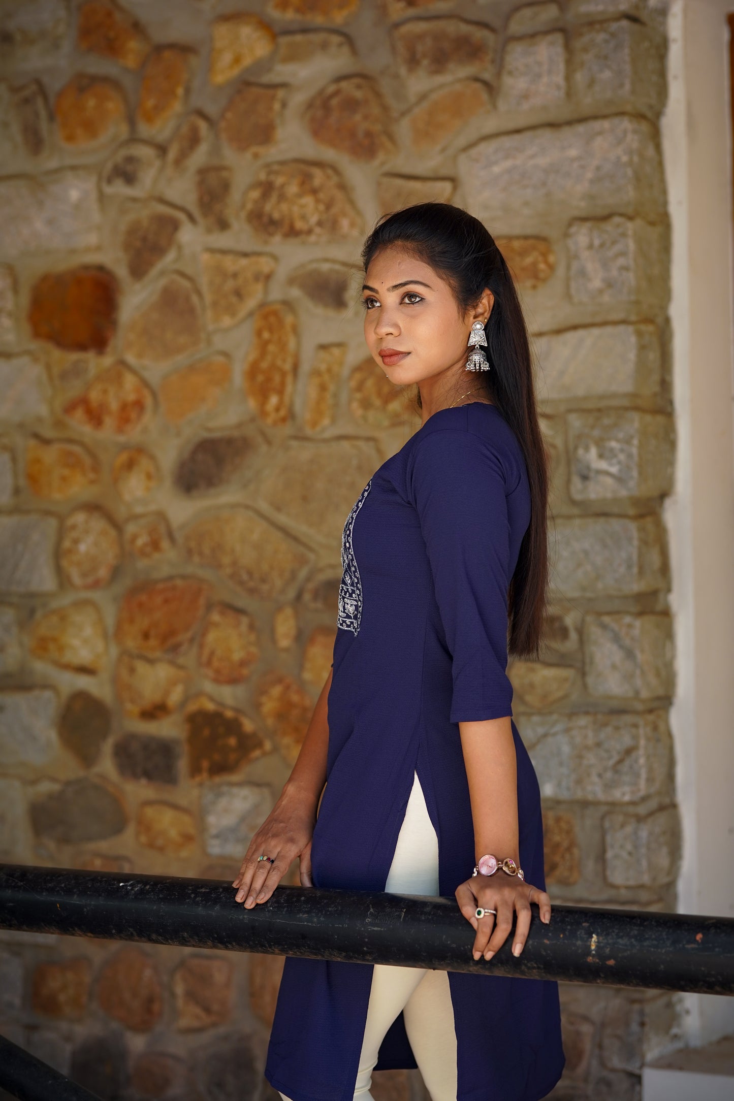 Indigo Floral Embroidered Kurti – Classic Everyday Elegance