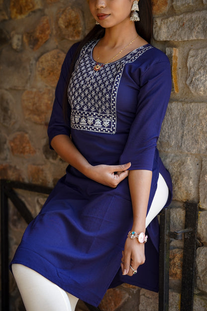 Indigo Floral Embroidered Kurti – Classic Everyday Elegance