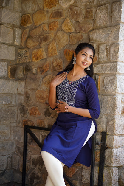 Indigo Floral Embroidered Kurti – Classic Everyday Elegance