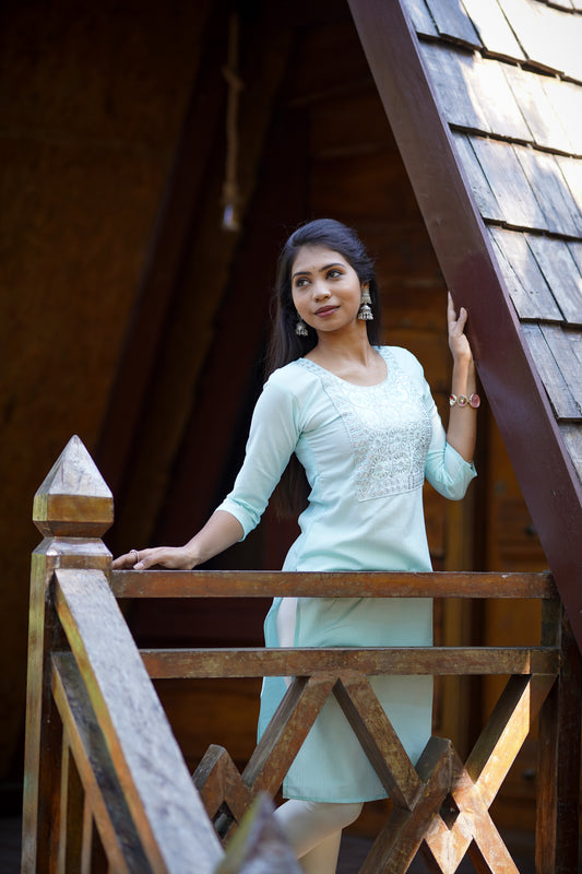 Elegant Light Turquoise Blue Embroidered Kurti