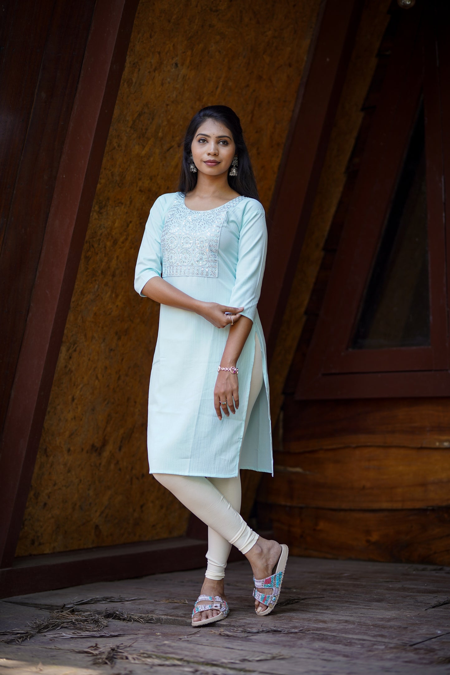 Elegant Light Turquoise Blue Embroidered Kurti