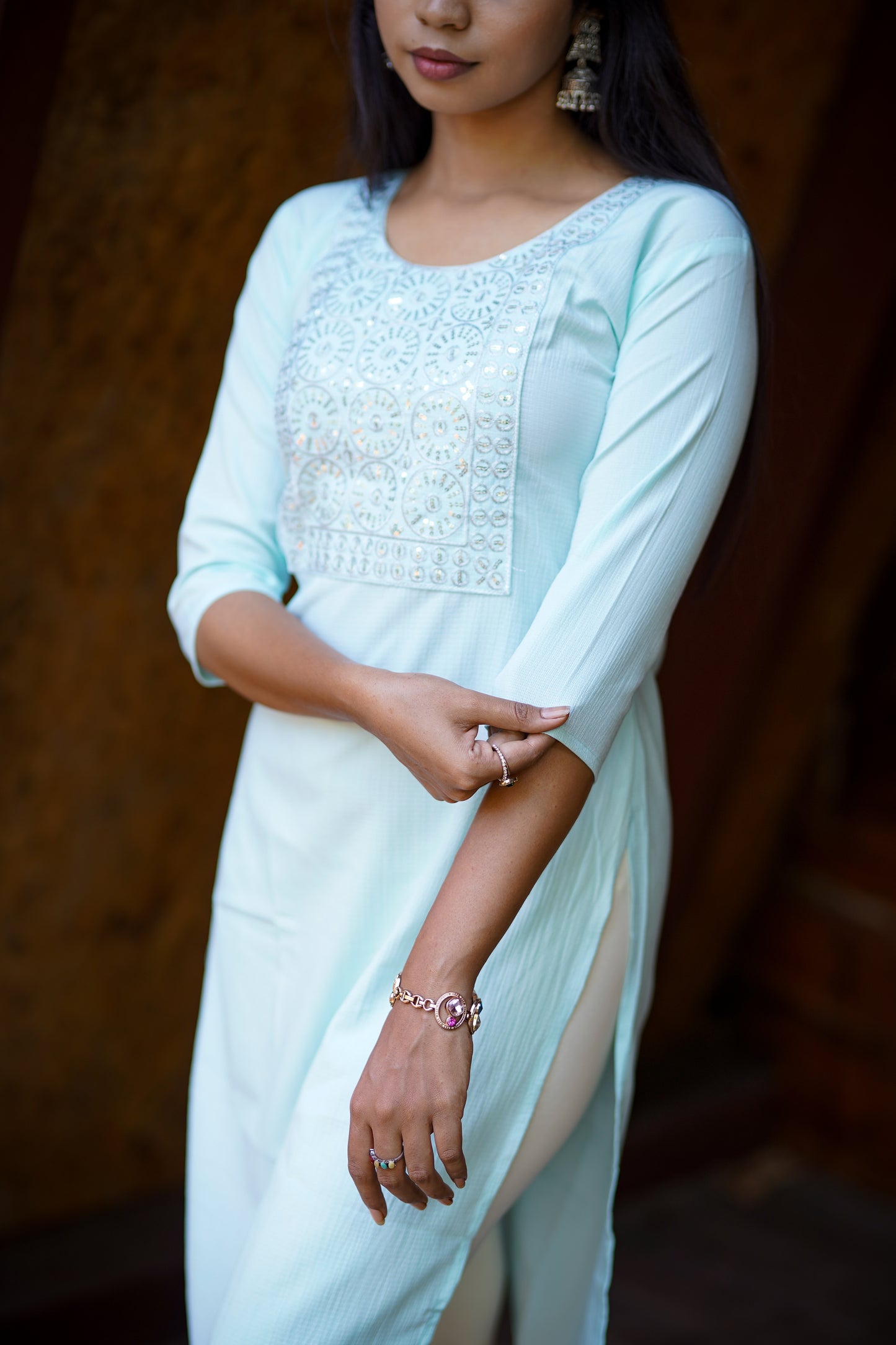 Elegant Light Turquoise Blue Embroidered Kurti