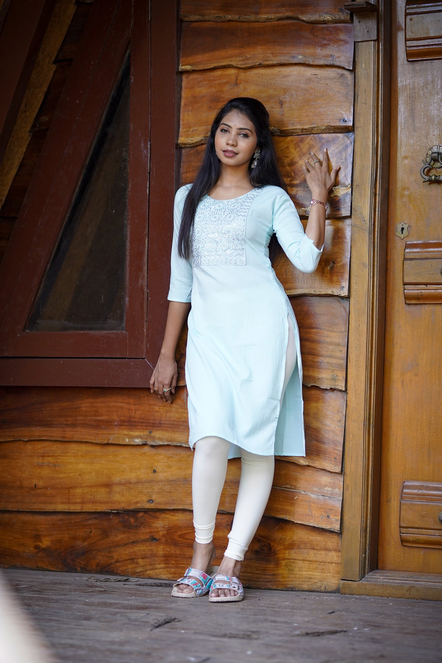 Elegant Light Turquoise Blue Embroidered Kurti