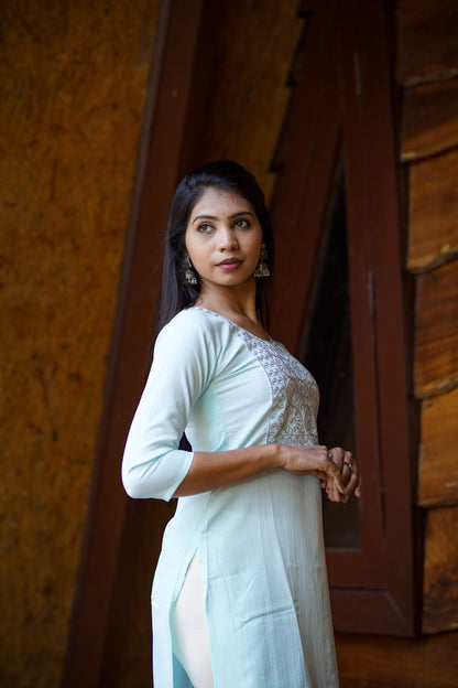 Elegant Light Turquoise Blue Embroidered Kurti
