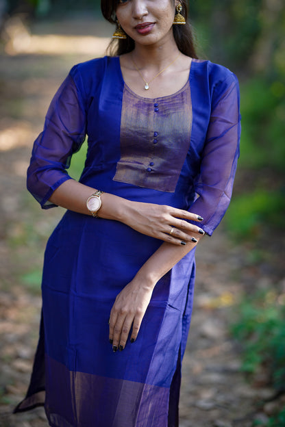 Royal Dark Blue Kurti with Shimmery Embroidered Yoke
