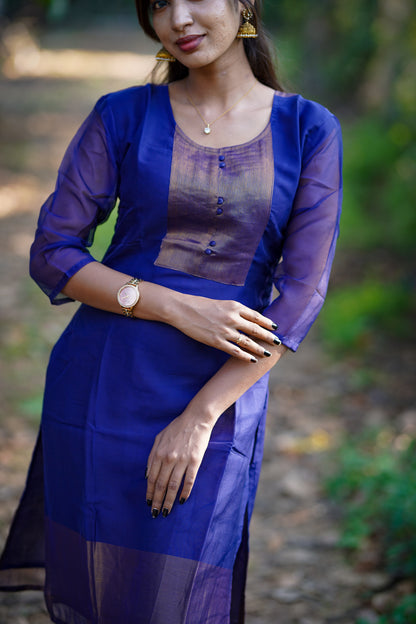 Royal Dark Blue Kurti with Shimmery Embroidered Yoke