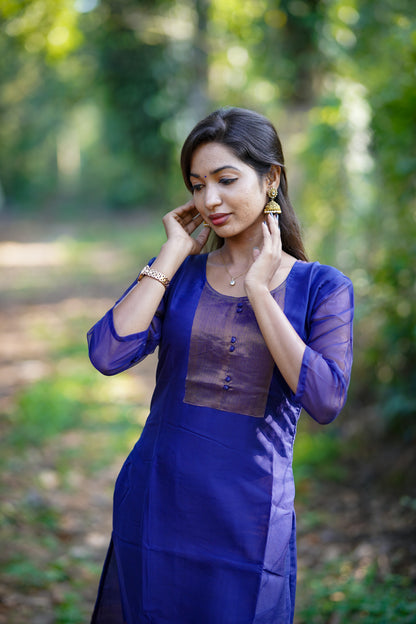 Royal Dark Blue Kurti with Shimmery Embroidered Yoke