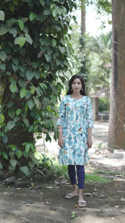 light-blue and white leaf print kurti